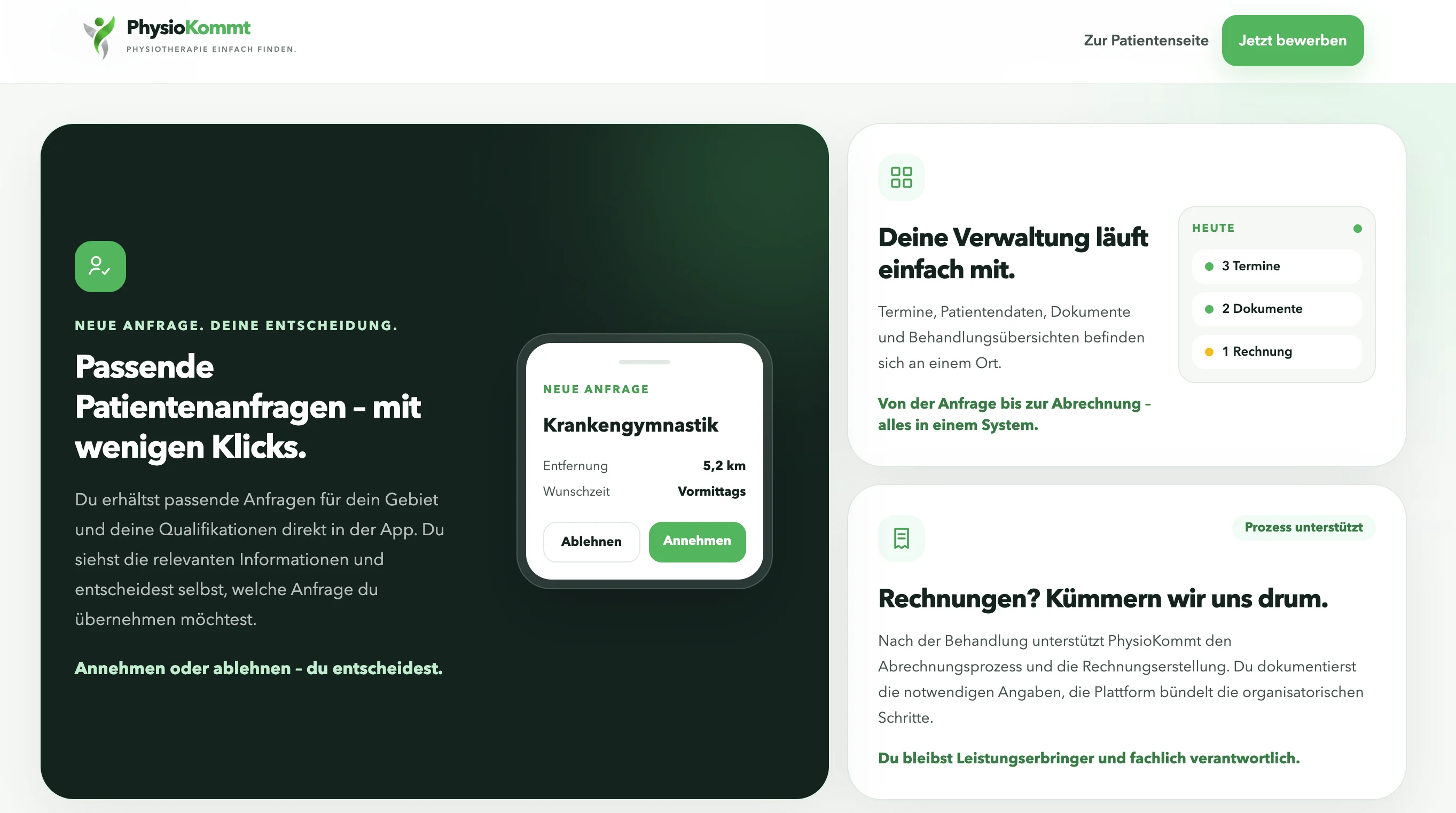 PhysioKommt Plattform für Therapeuten mit Patientenanfragen und Verwaltung