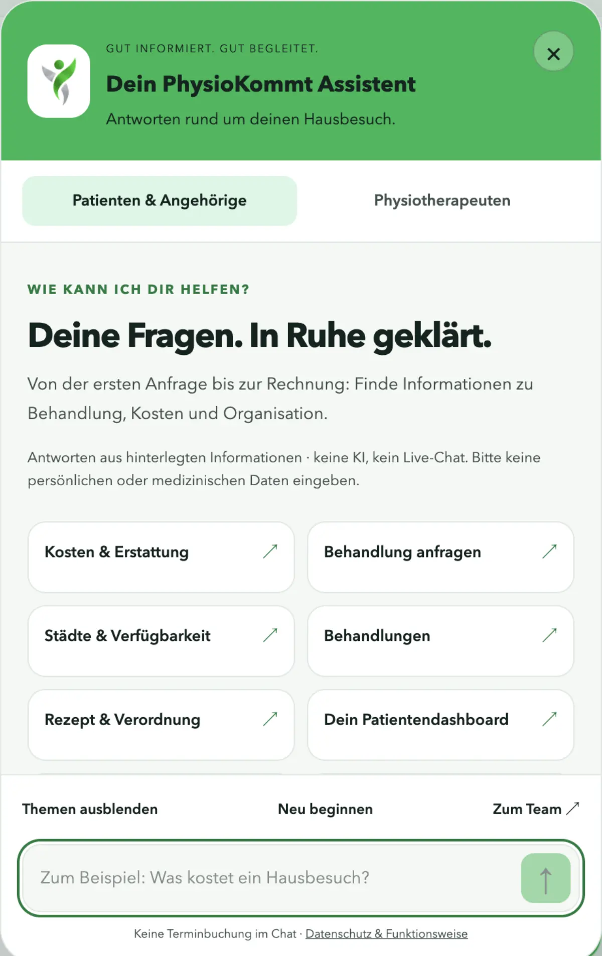 PhysioKommt digital assistant interface