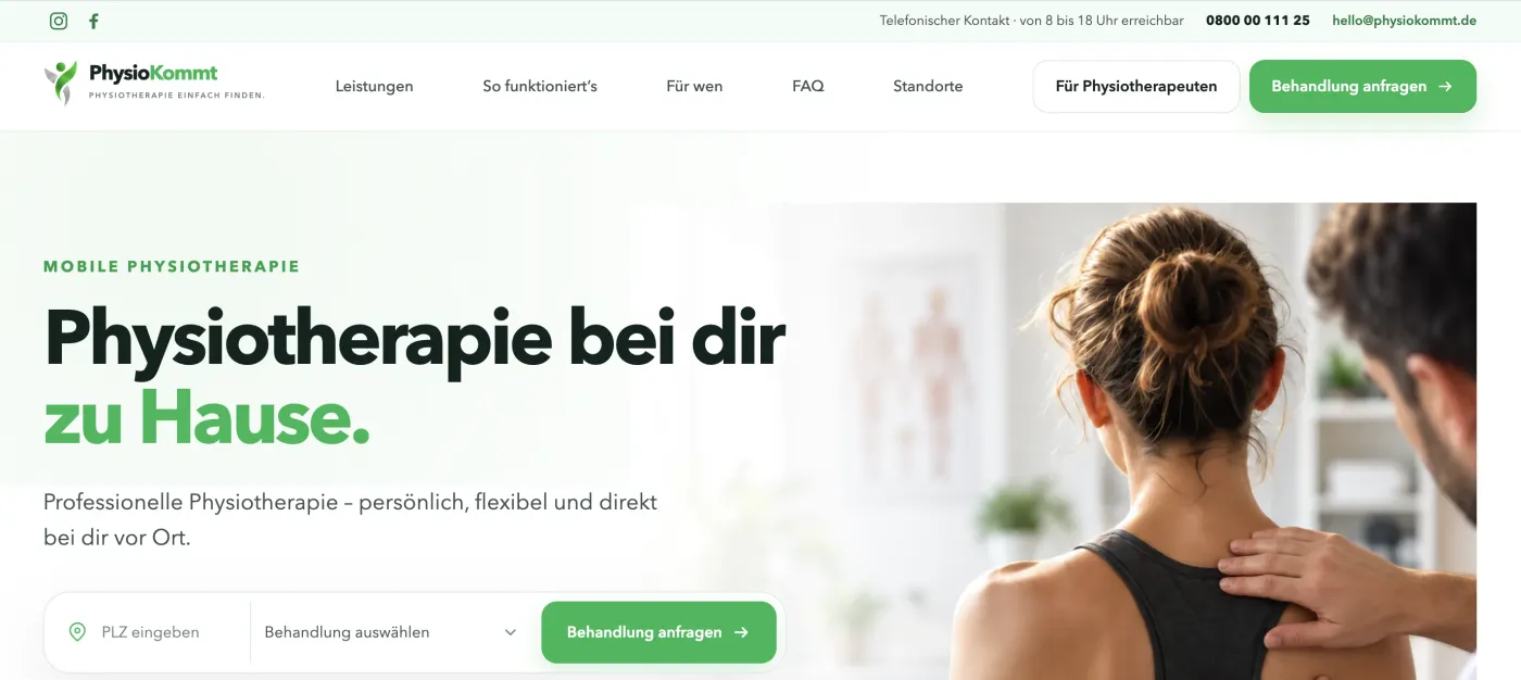 PhysioKommt website homepage